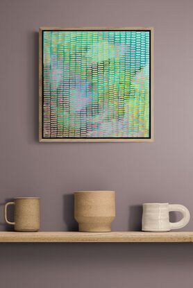 A mountain background. Dusky dark light with a glow,  covered in small brushstrokes  creating a veneer over the background, a playful organic mark making work, abstract and modern take on Pointillism
