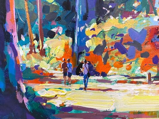 People walking on road through a forest with large trees. Painted in vibrant colors. 