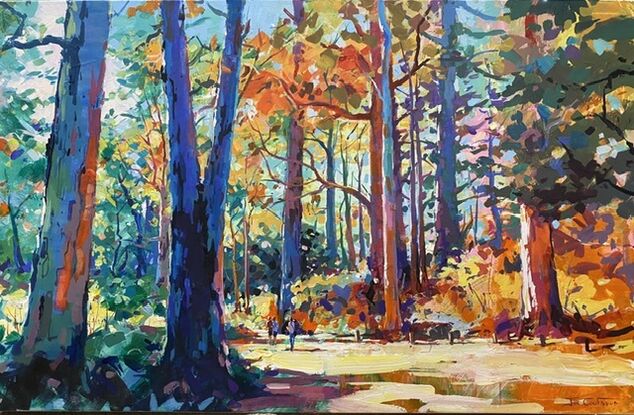 People walking on road through a forest with large trees. Painted in vibrant colors. 