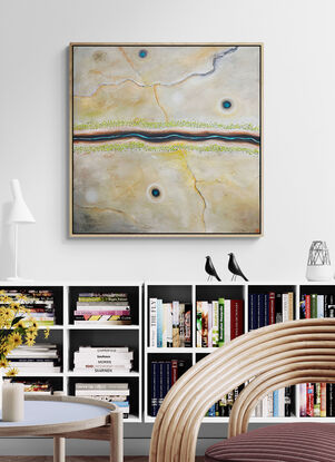 River's Journey is a modern contemporary abstract landscape painting that features a textured aerial perspective bathed in soft neutral tones. The composition is marked by a serene river cutting horizontally across the canvas.