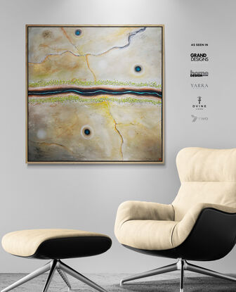 River's Journey is a modern contemporary abstract landscape painting that features a textured aerial perspective bathed in soft neutral tones. The composition is marked by a serene river cutting horizontally across the canvas.