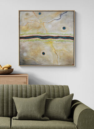 River's Journey is a modern contemporary abstract landscape painting that features a textured aerial perspective bathed in soft neutral tones. The composition is marked by a serene river cutting horizontally across the canvas.