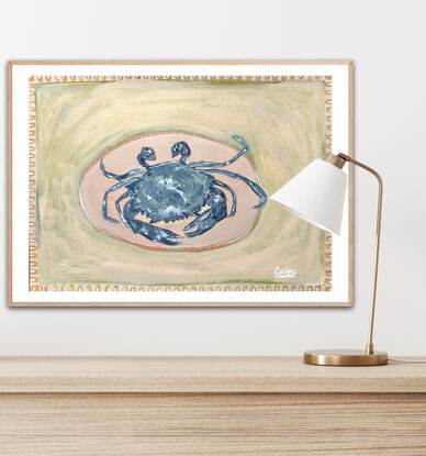 Original painting of a Crab on a plate.  Acrylic on 360 gsm paper.   By Carley Bourne 