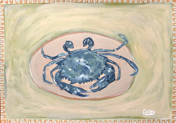 Original painting of a Crab on a plate.  Acrylic on 360 gsm paper.   By Carley Bourne 