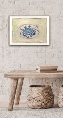 Original painting of a Crab on a plate.  Acrylic on 360 gsm paper.   By Carley Bourne 