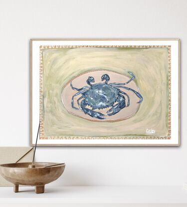 Original painting of a Crab on a plate.  Acrylic on 360 gsm paper.   By Carley Bourne 