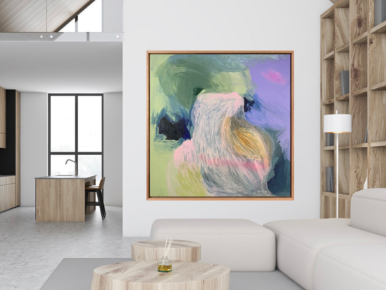 A colourful abstract artwork with accents of pink aerosol and textured pigment stick. Framed in Flooded Gum.