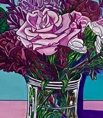 Bouquet of bright colourful flowers in a glass vase, with a teal and pink background, giving a true burst of colour to brighten any room and fill the atmosphere with joy.