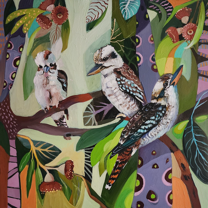 Kookaburras on an abstract background.