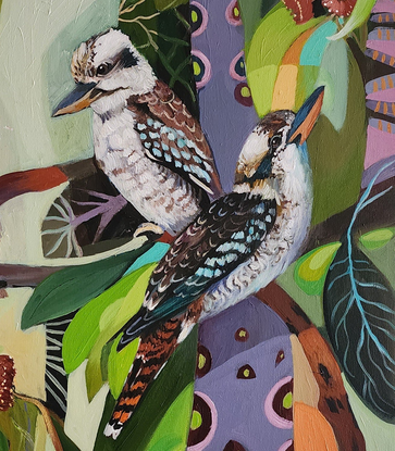 Kookaburras on an abstract background.