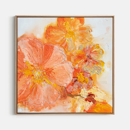 In "Sunlit Opulence," the canvas comes alive with a breathtaking display of vibrant hues and luxurious details. Bathed in the golden glow of sunlight, this floral masterpiece captures the essence of opulence and joy.

At the heart of the painting, a profusion of blossoms in shades of yellow, orange, and peach bursts forth, radiating warmth and happiness. Each petal seems to dance in the sunlight, exuding a sense of vivacity and delight. The colours blend seamlessly, creating a harmonious symphony of bright and cheerful tones that evoke feelings of pleasure and contentment.

Amidst the floral abundance, intricate details and textures add depth and richness to the composition, enhancing the sense of opulence and refinement. Delicate brushstrokes and subtle highlights accentuate the play of light and shadow, infusing the scene with a captivating luminosity.

"Sunlit Opulence" invites the viewer to bask in its radiant beauty and luxuriant atmosphere. It speaks to the inherent joy and exuberance found in nature's abundance, celebrating the boundless pleasures of life with a feminine touch of fun and elegance.