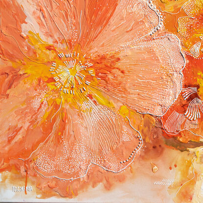 In "Sunlit Opulence," the canvas comes alive with a breathtaking display of vibrant hues and luxurious details. Bathed in the golden glow of sunlight, this floral masterpiece captures the essence of opulence and joy.

At the heart of the painting, a profusion of blossoms in shades of yellow, orange, and peach bursts forth, radiating warmth and happiness. Each petal seems to dance in the sunlight, exuding a sense of vivacity and delight. The colours blend seamlessly, creating a harmonious symphony of bright and cheerful tones that evoke feelings of pleasure and contentment.

Amidst the floral abundance, intricate details and textures add depth and richness to the composition, enhancing the sense of opulence and refinement. Delicate brushstrokes and subtle highlights accentuate the play of light and shadow, infusing the scene with a captivating luminosity.

"Sunlit Opulence" invites the viewer to bask in its radiant beauty and luxuriant atmosphere. It speaks to the inherent joy and exuberance found in nature's abundance, celebrating the boundless pleasures of life with a feminine touch of fun and elegance.