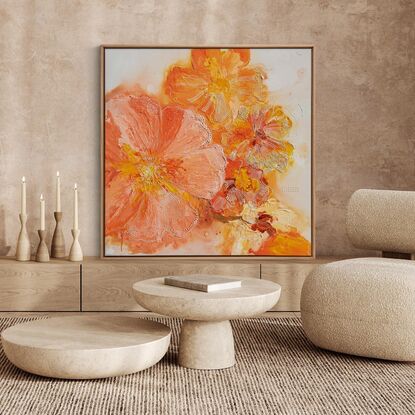 In "Sunlit Opulence," the canvas comes alive with a breathtaking display of vibrant hues and luxurious details. Bathed in the golden glow of sunlight, this floral masterpiece captures the essence of opulence and joy.

At the heart of the painting, a profusion of blossoms in shades of yellow, orange, and peach bursts forth, radiating warmth and happiness. Each petal seems to dance in the sunlight, exuding a sense of vivacity and delight. The colours blend seamlessly, creating a harmonious symphony of bright and cheerful tones that evoke feelings of pleasure and contentment.

Amidst the floral abundance, intricate details and textures add depth and richness to the composition, enhancing the sense of opulence and refinement. Delicate brushstrokes and subtle highlights accentuate the play of light and shadow, infusing the scene with a captivating luminosity.

"Sunlit Opulence" invites the viewer to bask in its radiant beauty and luxuriant atmosphere. It speaks to the inherent joy and exuberance found in nature's abundance, celebrating the boundless pleasures of life with a feminine touch of fun and elegance.