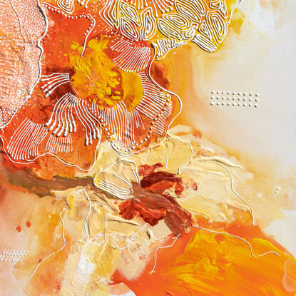 In "Sunlit Opulence," the canvas comes alive with a breathtaking display of vibrant hues and luxurious details. Bathed in the golden glow of sunlight, this floral masterpiece captures the essence of opulence and joy.

At the heart of the painting, a profusion of blossoms in shades of yellow, orange, and peach bursts forth, radiating warmth and happiness. Each petal seems to dance in the sunlight, exuding a sense of vivacity and delight. The colours blend seamlessly, creating a harmonious symphony of bright and cheerful tones that evoke feelings of pleasure and contentment.

Amidst the floral abundance, intricate details and textures add depth and richness to the composition, enhancing the sense of opulence and refinement. Delicate brushstrokes and subtle highlights accentuate the play of light and shadow, infusing the scene with a captivating luminosity.

"Sunlit Opulence" invites the viewer to bask in its radiant beauty and luxuriant atmosphere. It speaks to the inherent joy and exuberance found in nature's abundance, celebrating the boundless pleasures of life with a feminine touch of fun and elegance.