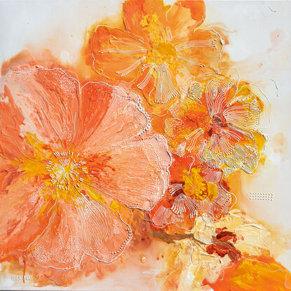 In "Sunlit Opulence," the canvas comes alive with a breathtaking display of vibrant hues and luxurious details. Bathed in the golden glow of sunlight, this floral masterpiece captures the essence of opulence and joy.

At the heart of the painting, a profusion of blossoms in shades of yellow, orange, and peach bursts forth, radiating warmth and happiness. Each petal seems to dance in the sunlight, exuding a sense of vivacity and delight. The colours blend seamlessly, creating a harmonious symphony of bright and cheerful tones that evoke feelings of pleasure and contentment.

Amidst the floral abundance, intricate details and textures add depth and richness to the composition, enhancing the sense of opulence and refinement. Delicate brushstrokes and subtle highlights accentuate the play of light and shadow, infusing the scene with a captivating luminosity.

"Sunlit Opulence" invites the viewer to bask in its radiant beauty and luxuriant atmosphere. It speaks to the inherent joy and exuberance found in nature's abundance, celebrating the boundless pleasures of life with a feminine touch of fun and elegance.