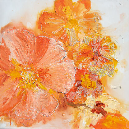 In "Sunlit Opulence," the canvas comes alive with a breathtaking display of vibrant hues and luxurious details. Bathed in the golden glow of sunlight, this floral masterpiece captures the essence of opulence and joy.

At the heart of the painting, a profusion of blossoms in shades of yellow, orange, and peach bursts forth, radiating warmth and happiness. Each petal seems to dance in the sunlight, exuding a sense of vivacity and delight. The colours blend seamlessly, creating a harmonious symphony of bright and cheerful tones that evoke feelings of pleasure and contentment.

Amidst the floral abundance, intricate details and textures add depth and richness to the composition, enhancing the sense of opulence and refinement. Delicate brushstrokes and subtle highlights accentuate the play of light and shadow, infusing the scene with a captivating luminosity.

"Sunlit Opulence" invites the viewer to bask in its radiant beauty and luxuriant atmosphere. It speaks to the inherent joy and exuberance found in nature's abundance, celebrating the boundless pleasures of life with a feminine touch of fun and elegance.