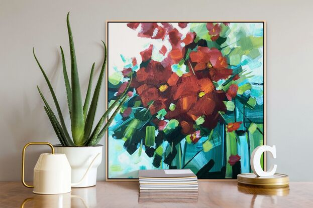 RED coloured flowers in an abstract design. with beautiful warm and cool greens