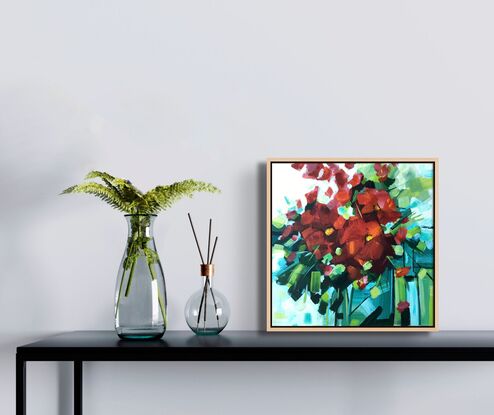 RED coloured flowers in an abstract design. with beautiful warm and cool greens