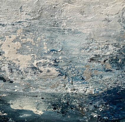 An ocean inspired textured small original painting in a moody predominantly deep blue and off white palette with a hint of silver