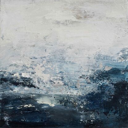 An ocean inspired textured small original painting in a moody predominantly deep blue and off white palette with a hint of silver