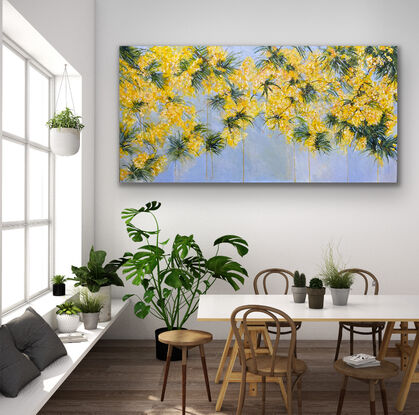 Swathes of golden flowers cascade against the sunny blue sky. Dark green- blue leaves scatter the flowers and add a drama to the picture. There is energy, vibrancy and vitality about this piece that radiates happiness. There are some scattered mid yellow drips that give the painting a loose, immediate feel that is both spontaneous and playful adding to the painting’s charm. 