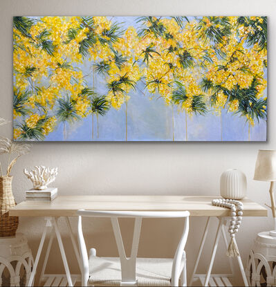 Swathes of golden flowers cascade against the sunny blue sky. Dark green- blue leaves scatter the flowers and add a drama to the picture. There is energy, vibrancy and vitality about this piece that radiates happiness. There are some scattered mid yellow drips that give the painting a loose, immediate feel that is both spontaneous and playful adding to the painting’s charm. 