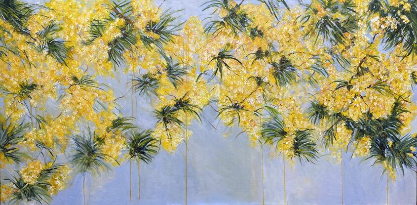 Swathes of golden flowers cascade against the sunny blue sky. Dark green- blue leaves scatter the flowers and add a drama to the picture. There is energy, vibrancy and vitality about this piece that radiates happiness. There are some scattered mid yellow drips that give the painting a loose, immediate feel that is both spontaneous and playful adding to the painting’s charm. 