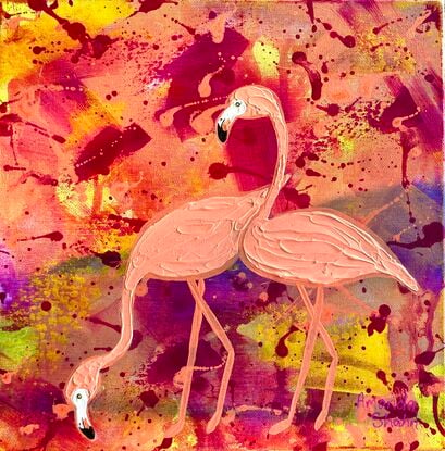 Textured orange flamingos on orange, yellow and purple background