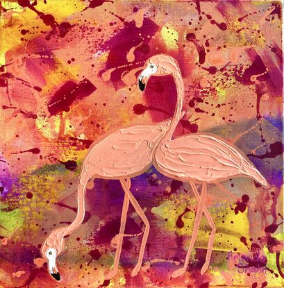 Textured orange flamingos on orange, yellow and purple background