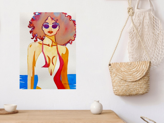 "Sun-Kissed Serenity" captures the essence of a tranquil summer day, portraying a confident woman with voluminous curly hair, stylish sunglasses, and a relaxed demeanor. Rendered in vibrant watercolors, the artwork exudes a warm, carefree atmosphere, with a blend of soft and bold tones that highlight the figure's effortless style. This piece beautifully merges contemporary figurative art with a modern, beach-inspired aesthetic, making it an ideal addition to any collection celebrating summer, fashion, and the joy of sunny days by the water.