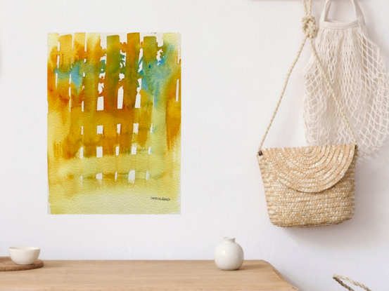 "Golden Veil" is a serene and evocative watercolor painting that captures the essence of a tranquil landscape through a minimalist approach. The artwork features a soft, golden-toned silhouette of a fence, with hints of natural foliage peeking through the gaps. The warm palette and delicate interplay of light and shadow create a soothing atmosphere, evoking feelings of peace and quiet reflection. This contemporary abstract piece is perfect for those who appreciate subtlety and the calming influence of nature-inspired art in their collection.