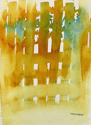 "Golden Veil" is a serene and evocative watercolor painting that captures the essence of a tranquil landscape through a minimalist approach. The artwork features a soft, golden-toned silhouette of a fence, with hints of natural foliage peeking through the gaps. The warm palette and delicate interplay of light and shadow create a soothing atmosphere, evoking feelings of peace and quiet reflection. This contemporary abstract piece is perfect for those who appreciate subtlety and the calming influence of nature-inspired art in their collection.