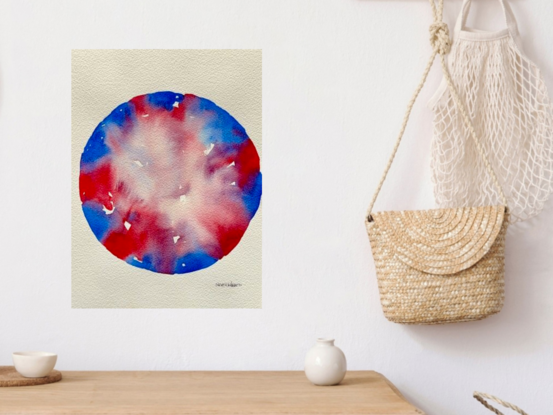 "Celestial Whirl" is a mesmerizing abstract watercolor piece that evokes the beauty and mystery of the cosmos. The artwork features a circular composition with soft gradients of red, blue, and white, blending harmoniously to create a sense of movement and depth. The delicate interplay of colors and the minimalist design invites the viewer to imagine the swirling energy of celestial bodies. This contemporary piece is perfect for those who appreciate abstract interpretations of universal themes and adds a calming, yet vibrant, presence to any space.