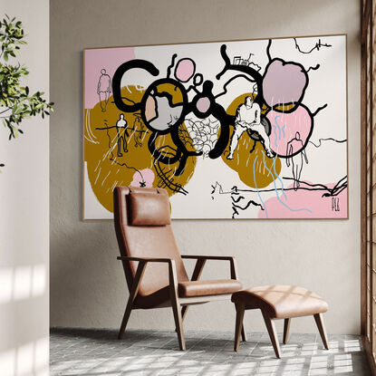 Extra Large pop/urban street art painting, white & black line art image on ochre/golden brown with pops of blush tones.