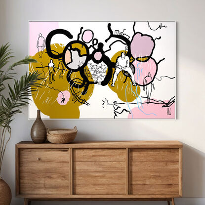 Extra Large pop/urban street art painting, white & black line art image on ochre/golden brown with pops of blush tones.