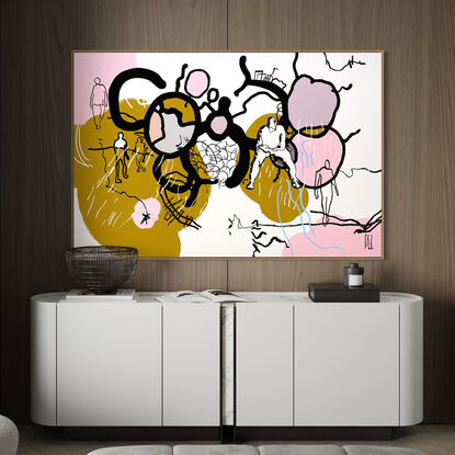 Extra Large pop/urban street art painting, white & black line art image on ochre/golden brown with pops of blush tones.