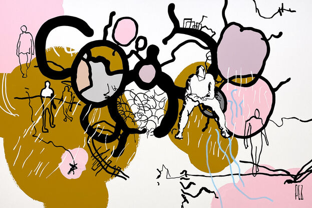 Extra Large pop/urban street art painting, white & black line art image on ochre/golden brown with pops of blush tones.