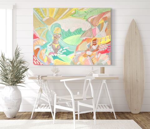 beach painting with large wave in rainbow colours