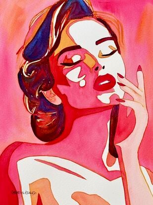 In this striking watercolor artwork, the subject is enveloped in a sea of rich crimson tones, her expression captured in a moment of intense emotion. The smooth, flowing lines and bold contrasts highlight the delicate balance between passion and serenity. The subtle interplay of light and shadow across her face and hand evokes a sense of depth and intimacy, inviting the viewer to connect with the deep emotion behind the subject's closed eyes. This piece captures the essence of quiet reflection in a world awash with color.