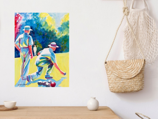 This captivating watercolor artwork captures the quiet intensity of a lawn bowls game bathed in the warm glow of an afternoon sun. The figures, with their relaxed yet focused stances, are beautifully highlighted against the rich backdrop of dappled trees. The play of light and shadow, combined with the artist’s deft use of color, brings this everyday scene to life, evoking a sense of calm and community. The image invites the viewer to appreciate the simple pleasures of a leisurely outdoor activity, where each movement is deliberate and measured.