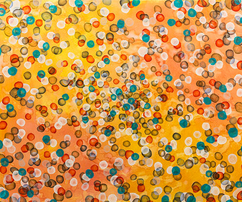 Big Bright Art. Abstract painting with dots and organic forms reminiscent of science, the sea or underwater. Colourful with many layers of colour and floating forms. A unique mixing of original abstract art with microbiology and science. Cellular art. Jelly fish forms. Calming and peaceful. Studio Clerarance