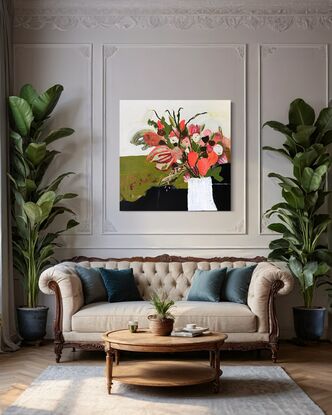 A bunch of bright orange and green flowers in a white textured vase