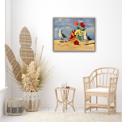 Seagulls with fruit and flowers on the beach. 