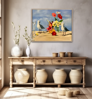 Seagulls with fruit and flowers on the beach. 