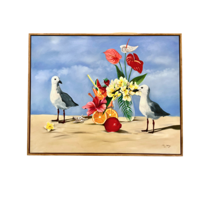 Seagulls with fruit and flowers on the beach. 