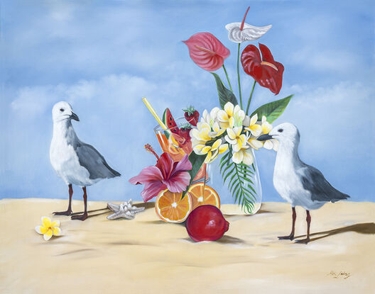 Seagulls with fruit and flowers on the beach. 