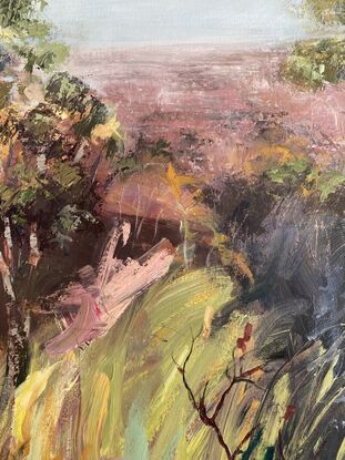 Stylistic landscape horizon view with expressive brushstrokes in pinks, green, aqua and ochre tones