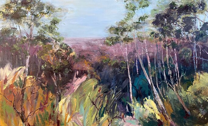 Stylistic landscape horizon view with expressive brushstrokes in pinks, green, aqua and ochre tones