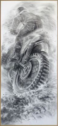 A motorcycle rider drawing in charcoal.