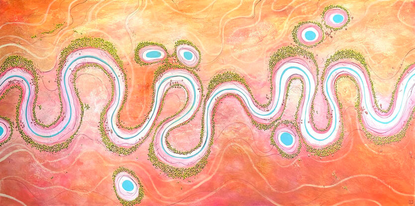 Across Chinks of Time  is a colourful textured aerial landscape in orange, pink  and yellow  tones with vivid blue winding river dotted with tiny trees running horizontally across the landscape.